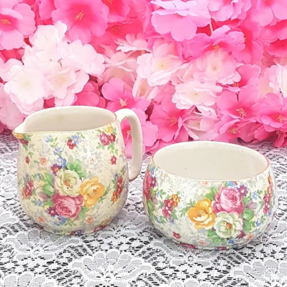 Vintage Lord Nelson Rose Time Chintz Cream & Sugar Set - English Tea Party